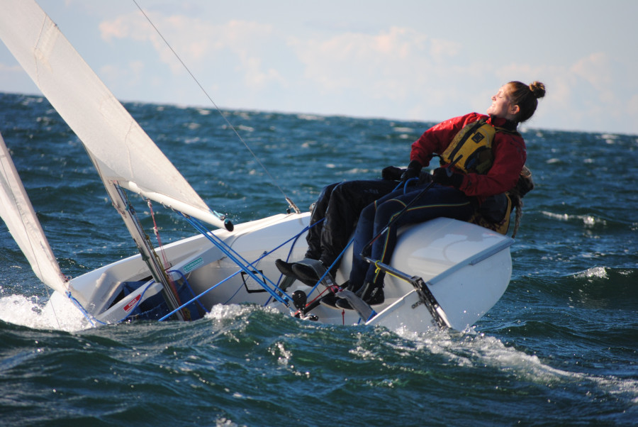 Two Adults sailing a dinghy sailboat